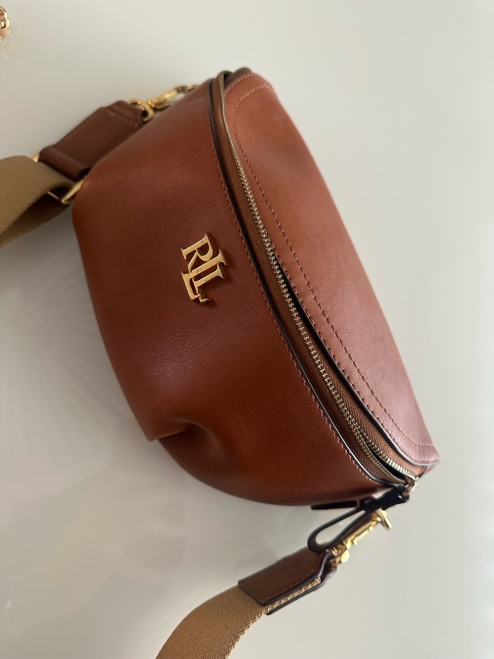 Ralph Lauren Brown Leather Crossbody Belt Bag with Gold Hardware